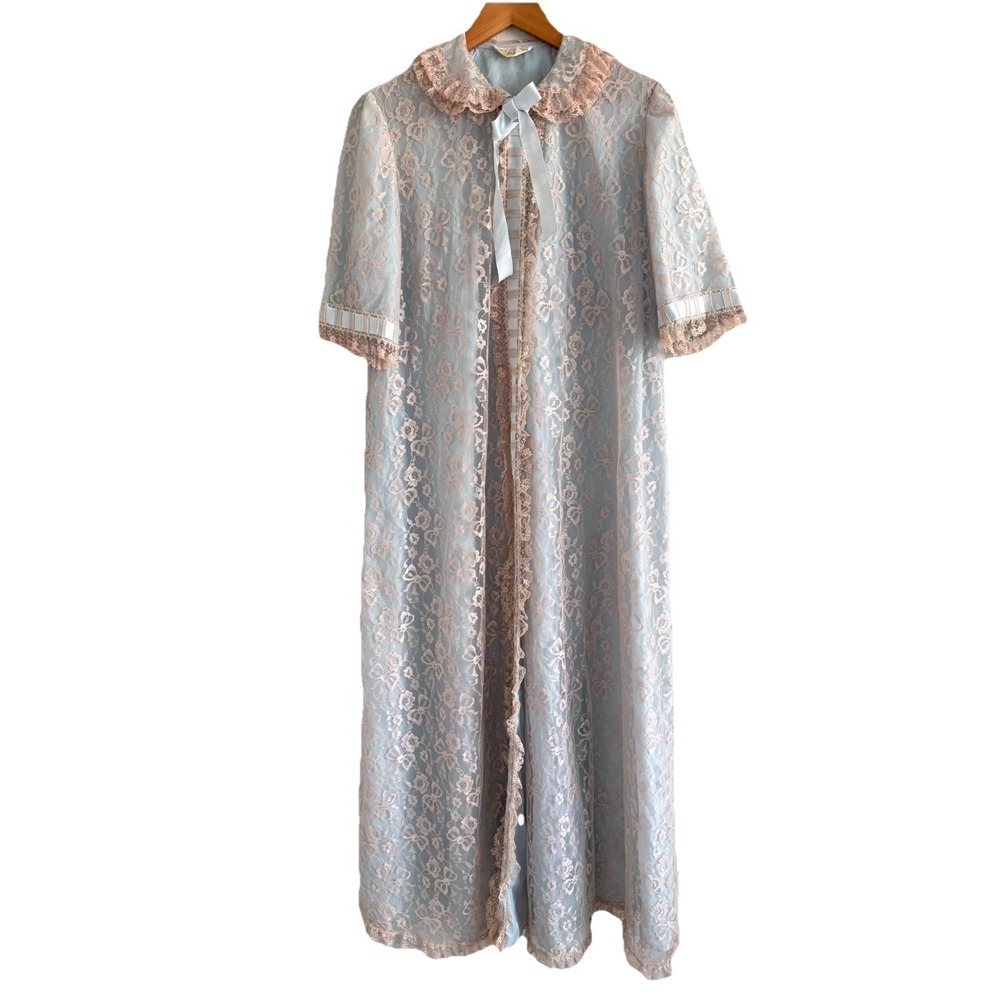 Vintage 70s Neiman Marcus Lace Peignoir Robe Housecoat Pastel Romantic Cottage